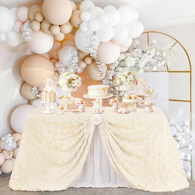Fanqisi Rosette Tablecloth 50x102 Inches Satin Raised Rosettes Ivory Rectangle 3D Floral Tablecloth for Baby Shower Wedding Party Event Decoration