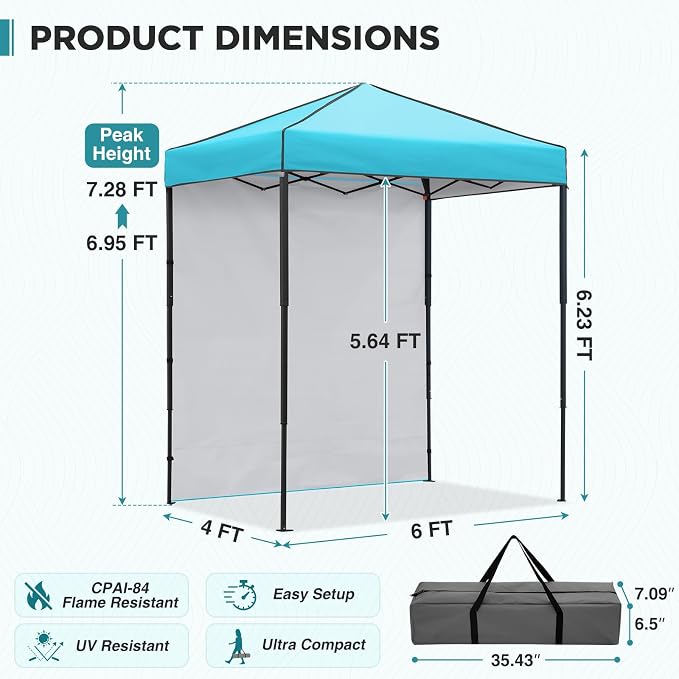 EAGLE PEAK 6x4 Instant Pop Up Canopy Tent with 1 Side Wall Panel, Straight Leg Sun Shelter, Portable Canopy with Carry Bag for Camping, Beach & Sports, Light Blue