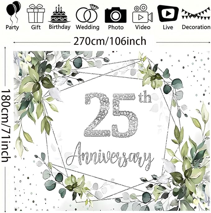 Silver Wedding 25th Anniversary Decorations Backdrop Watercolor Eucalyptus Leaves Sparkling Diamond 25th Background Couple Wedding Engagement Banner (A, 9X6FT)