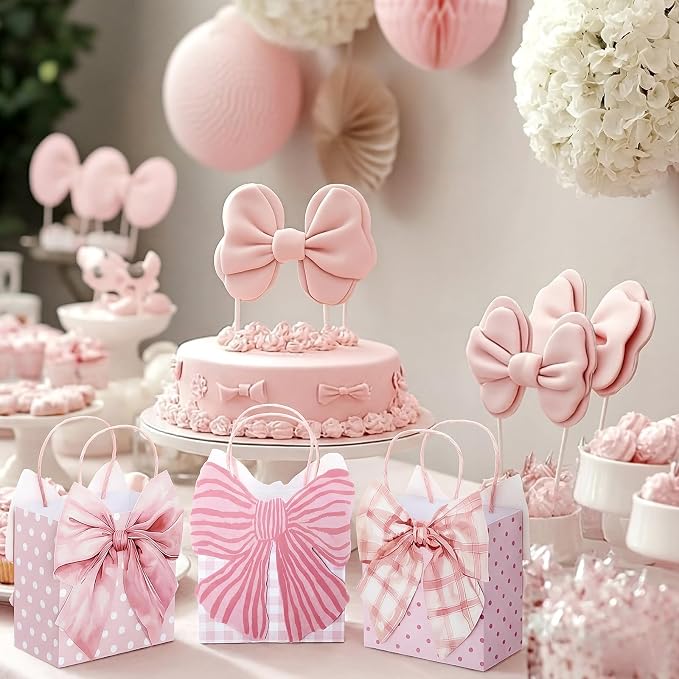 Tosstuki 12 Pcs Pink Bow Party Favor Bags 3D Coquette Bow Birthday Gift Goodie Bags with Handles Cute Girly Treat Paper Bag for Women Birthday Wedding Party Decorations Supplies