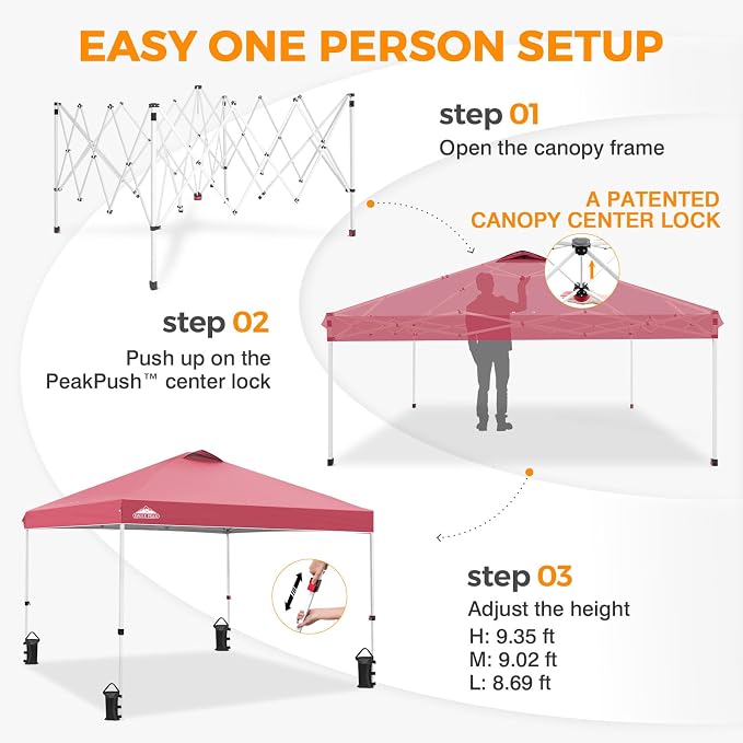 EAGLE PEAK Pop Up Canopy Tent with Wheeled Carry Bag, 8 Stakes, 4 Ropes, 4 Weight Bags, Easy Set Up Tent Canopy, 10x10 ft, 100sqft of Shade, Peach Pink