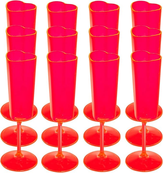 JLYLOL 12 PCS Heart Shaped Champagne Flutes, 5.5OZ Plastic Champagne Glasses, Unique Wedding Toasting Glasses, Elegant Stemmed Drinking Cups Plastic Goblets for Celebrations Anniversary Bride (Red)