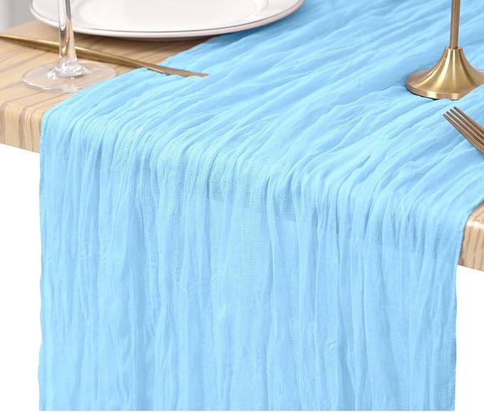 10 Pack Cheesecloth Table Runner Light Blue, Rustic Boho Gauze Fabric Table Runner Romantic Table Runner for Wedding, Festival, Birthday, Anniversary, Dinner and Outdoor Events (17.7 x 108 inch)