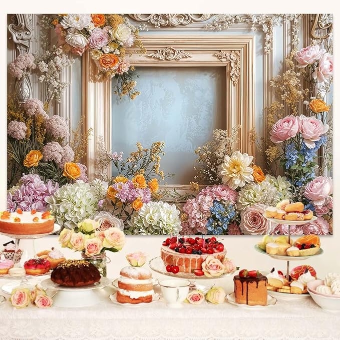 9X6ft Retro Wall Wedding Backdrops Frame Style Colorful Flowers Wall Background Medieval Building Photo Background for Mothers Day Bridal Baby Shower Birthday Girls Women Decoration Backdrop