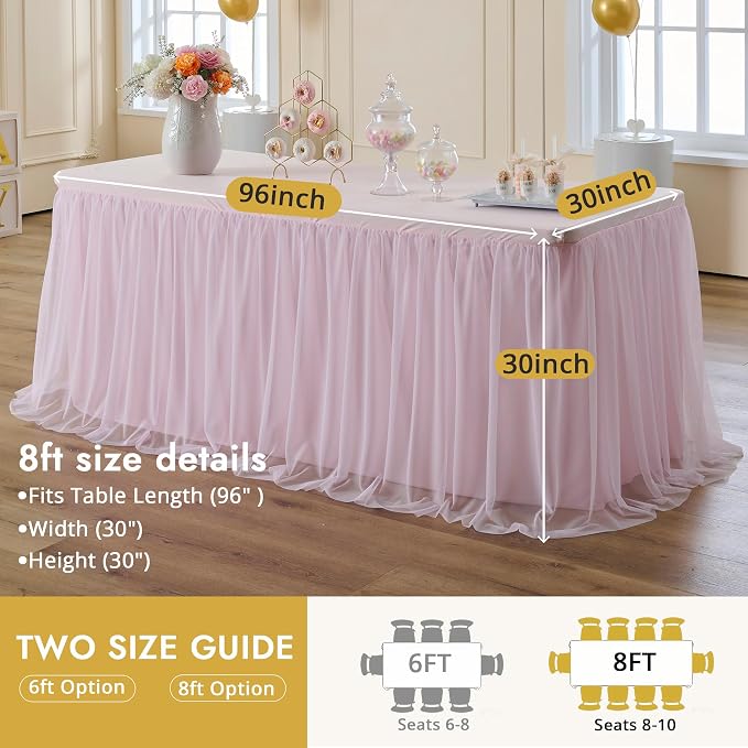 4-Pack Pink Tulle Tablecloth for 8 Ft Rectangle Tables – Elastic Spandex Table Cover with Tutu Skirt, Wrinkle Free for Wedding, Birthday Party, Banquet Buffet, Craft fairs
