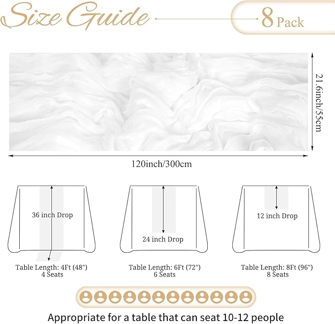 8 Pack White Cheesecloth Table Runner 10FT Boho Gauze Cheese Cloth Table Runner Rustic Sheer Fabric Table Runners for Wedding Bridal Shower Baby Shower Party(21.5×120 Inch)