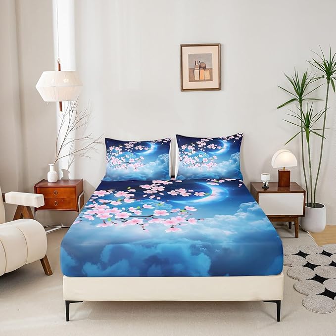 Castle Fairy Moon Fitted Sheet Set with 2 Pillowcase,Pink Cherry Blossom Bright Moon Planet,Soft Cool Hotel Top Flat Sheet Luxury Microfiber,Queen Size