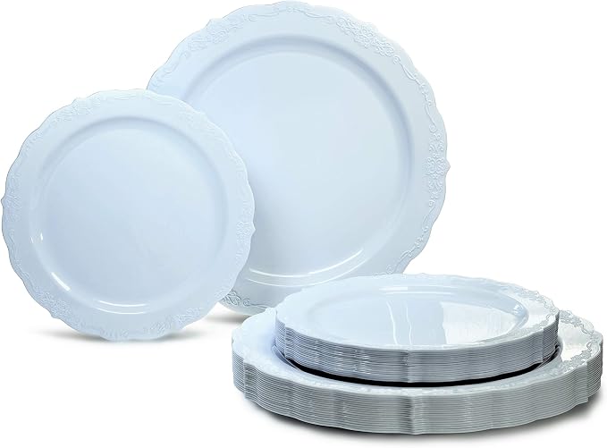 OCCASIONS 50 Plates Pack (25 Guests) - Dusty Blue Fancy Disposable Plastic Plates, Heavy Duty 25x10'' Dinner + 25x7.5'' Salad/Dessert, Scalloped Edge, Wedding Party Shower, BPA Free (Verona in Blue)