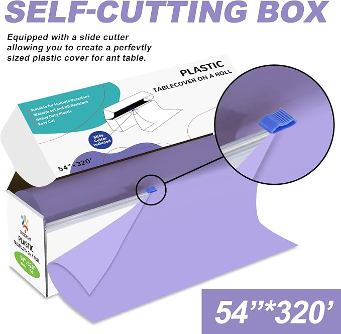 54IN X 320FT Plastic Table Cover Roll with Cutter Box, Cut to Size Plastic Table Cloths for Parties, Birthday, Disposable Tablecloth Roll for All Shape Tables (Light Purple, 54 Inch X 320 Feet)