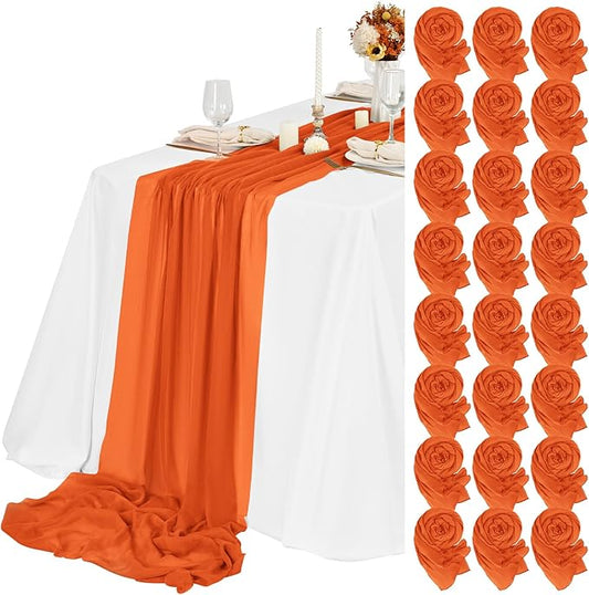 24 Packs Orange Cheesecloth Table Runner,10ft Rustic Gauze Boho Wedding Table Runner Decoration, Wedding Table Decor Sheer Table Runner for Wedding Party Bridal Shower Table