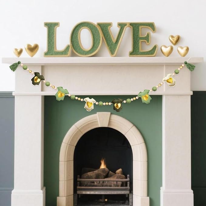 Sage Green Gold Baby Clothes Decorations Handmade Pre-Strung Felt Baby Clothes Banner Wool Felt Ball Wooden Bead Garland for Neutral Baby Shower Gender Reveal Party Nursery Fireplace Home Decor