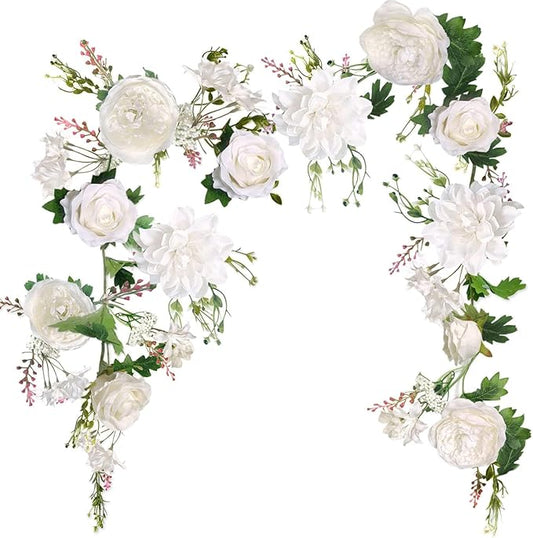 Peony Garland, Rose Flower Vine, Arch Flowers, 6' Length, Floral Garland for Decor Home Table Runner Mantle Decoration (Ivory Peony Garland)