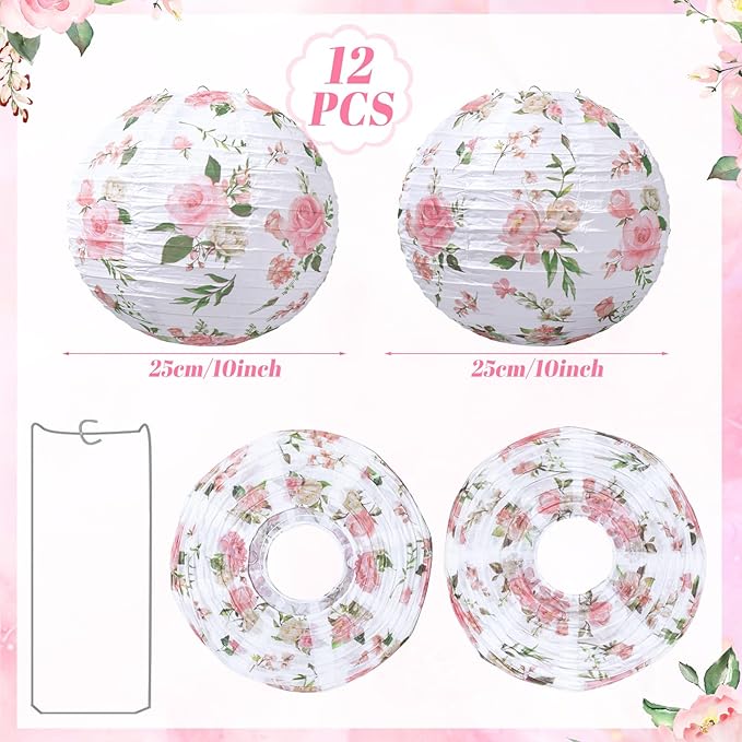 Honoson 12 Pcs Pink Rose Paper Lanterns Spring Floral Party Decorations Hanging 10 Inch Chinese Lanterns for Wedding Bridal Shower Baby Shower Tea Party Decorations
