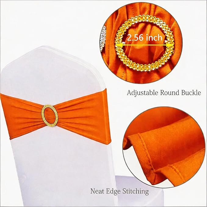 Pack of 50 Spandex Orange Chair Sashes with Gold Buckles, Stretch Chairs Sashes for Wedding Party Baby Shower Ceremony Event Decorations Chair Bands Bows (Orange Sashes, Gold Buckles)