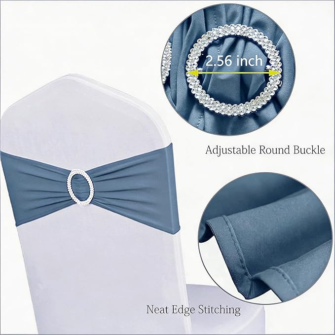 Pack of 50 Stretch Dusty Blue Chair Sashes for Wedding, Elastic Chair Bands with Buckle Slider, Spandex Chairs Bows for Party, Without White Chair Covers (Dusty Blue)