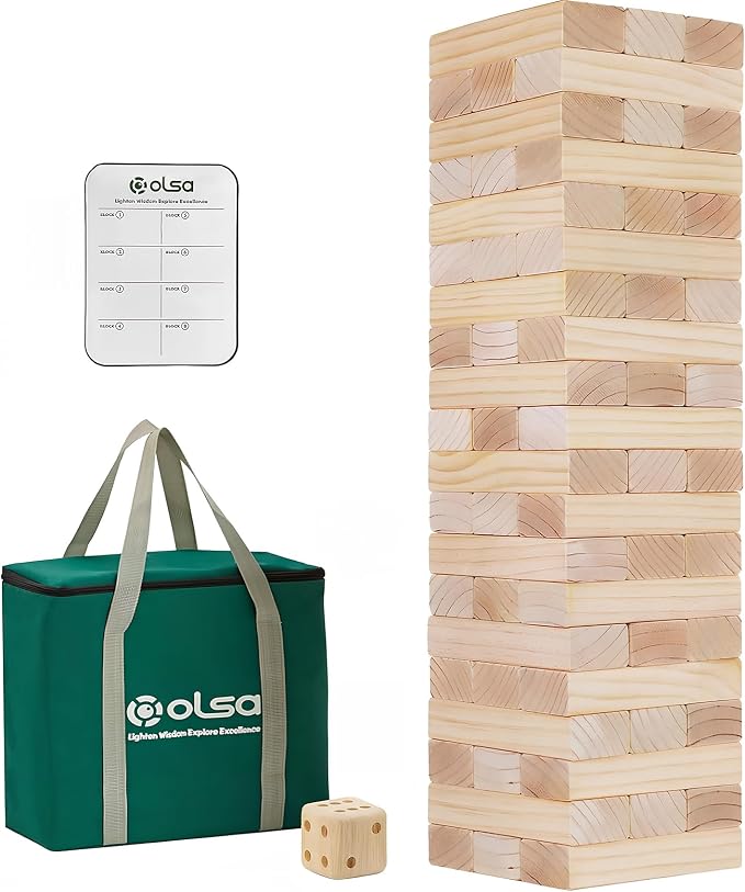 Olsa Giant Tumble Tower, Toppling Timber Game with Carrying Bag 60 PCS Wooden Block Stacking Game for Adults Family (2.2 Ft to 5 Ft)