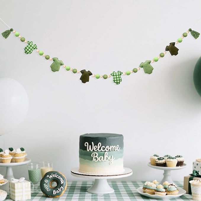Sage Green Plaid Baby Clothes Decorations Pre-Strung Handmade Felt Baby Clothes Wooden Bead Wool Felt Ball Banner Garland for Neutral Gender Reveal Baby Shower Party Nursery Fireplace Home Decor