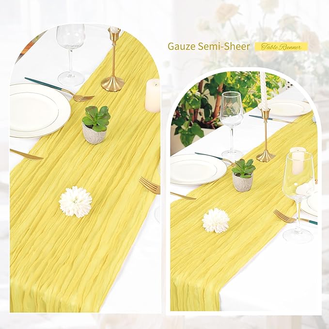 Showgeous 10 Pack Light Yellow Cheesecloth Table Runner, 10FT Long Semi-Sheer Boho or Rustic Gauze Table Runner Wedding Table Decor for Wedding Decor Arch Draping Bridal Shower Holiday Party