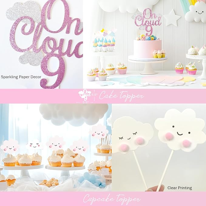 on Cloud 9 Birthday Decorations for Girl – 124 PCs Cloud Themed Nine Birthday Party Supplies with Backdrop, Balloon Garland, Banner, Tablecloth, Cake Topper, Cupcake Topper