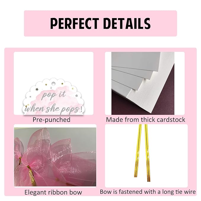 Pink Pop It When She Pops Baby Shower Bottle Tags, Pop the Bubbly When She Pops Tags, Girls’ Champagne Baby Shower Favor Label with Bows Set of 30