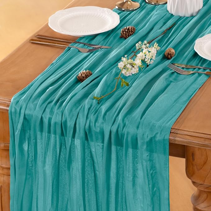 LINXTAR Teal Cheesecloth Table Runner 120 Inches 10Ft Gauze Summer Boho Table Runner for Wedding Tea Party Baby Shower Bridal Birthday Home Decoration