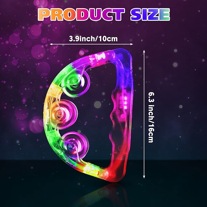 Yunsailing 24 Pack LED Light up Tambourines Musical Flashing Tambourine Toys Handheld Percussion Instrument Glow in The Dark Party Supplies for Teenagers Adults Wedding Party Favors