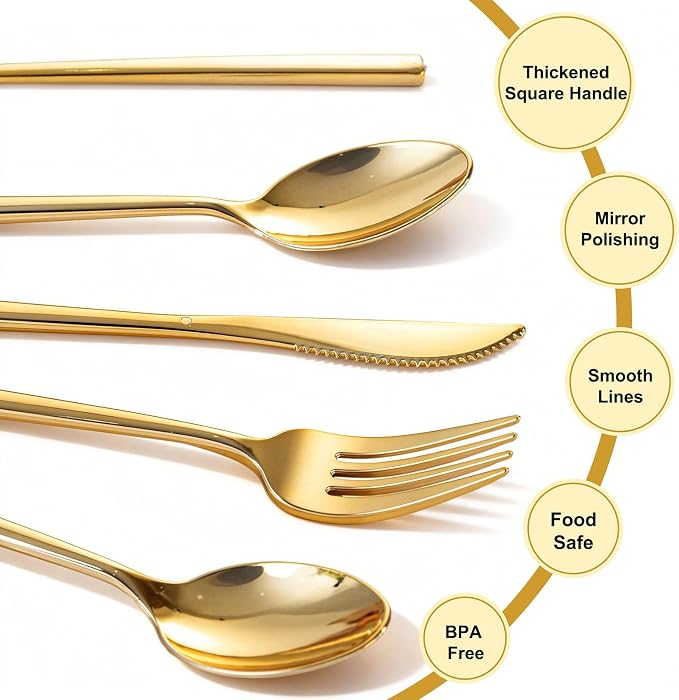 Tinybee 300PCS Gold Plastic Silverware - Heavy Duty Disposable Silverware, Luxury Gold Plastic Utensils - Elegant Disposable Utensil Include 100 Knives, 100 Forks, 100 Spoons Perfect for Party&Wedding