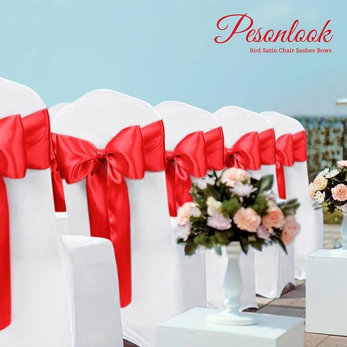 Pesonlook 60 PCS Red Satin Chair Sashes Bows Satin Chair Sashes Universal Chair Cover for Wedding Reception Restaurant Event Decoration Banquet,Party,Hotel Event Decorations (7 x 108 inch)
