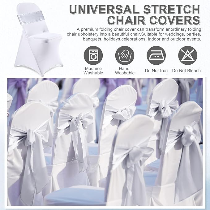 Lounsweer 50 Pcs Folding Chair Cover Set with 25 Stretch Spandex Slipcovers 25 Satin Chair Sashes Bows Ribbon Washable Banquet Protector for Wedding Event Party(White, White)