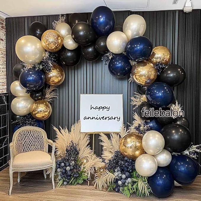 Navy Blue Black Balloon Arch - Double Stuffed Pearl White Sand, Dark Royal Blue Gold Balloon Garland Kit for Birthday 2026 Graduation Men Anniversary Prom Wedding Party Decoration