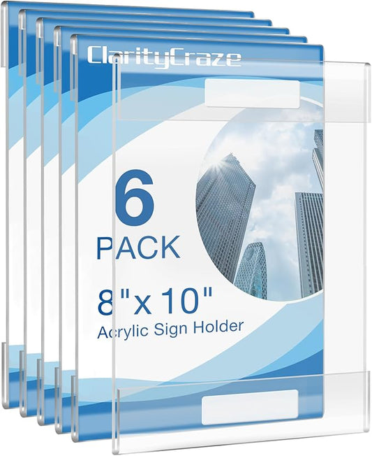 6 Pack Acrylic Wall Sign Holder, 8 "x10 Wall Mount Clear Plastic Sign Holder with Tape, Acrylic Memo Document Menu Holder for Office, Home, Store, Restaurant