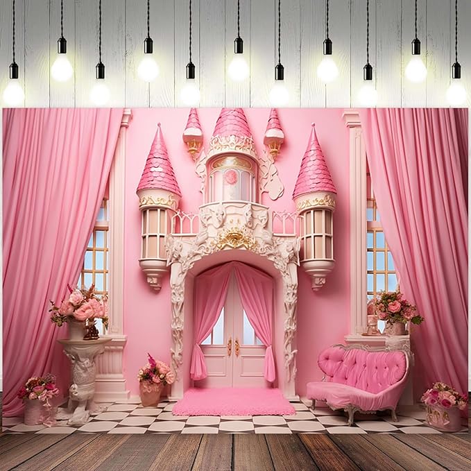 9x6ft Pink Castle Backdrop Room Door Curtain Photography Background Flowers Vases Sofa Princess Girl Birthday Banner Decorations Newborn Baby Shower Wedding Party Portrait Photo Booth Prop