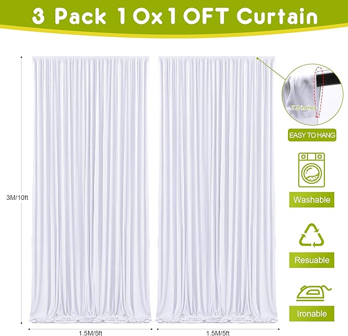 Wokceer White Backdrop Curtain for Wedding Parties 3 Pack 10x10FT Wedding Curtains Photo Backdrop Drapes Polyester for Photoshoot Baby Shower Birthday Party Curtains Background 6 Panels 5x10FT