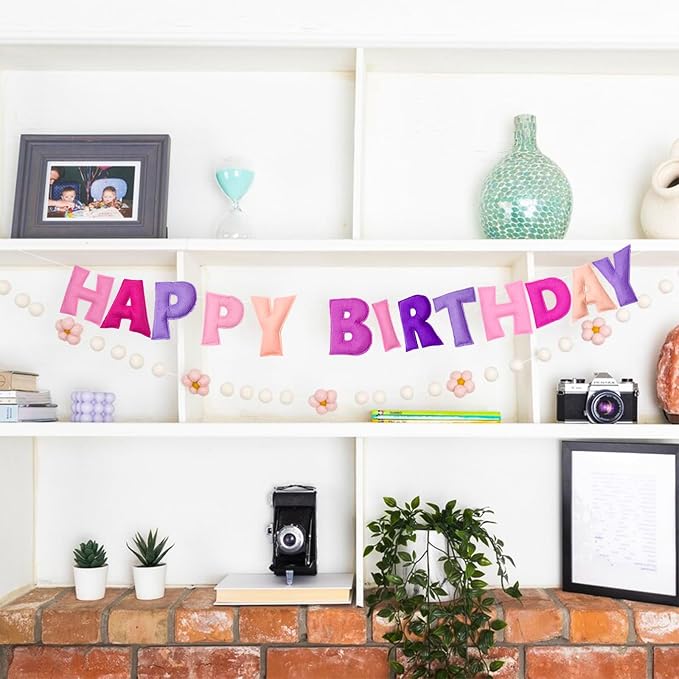 Pre-Strung Happy Birthday Banner - Felt Ball Garland - HAPPY BIRTHDAY Garland, Pink Birthday Decorations, Personalized Happy Birthday Sign for Birthday Decor, Party Decor, Photo Prop (Pink)