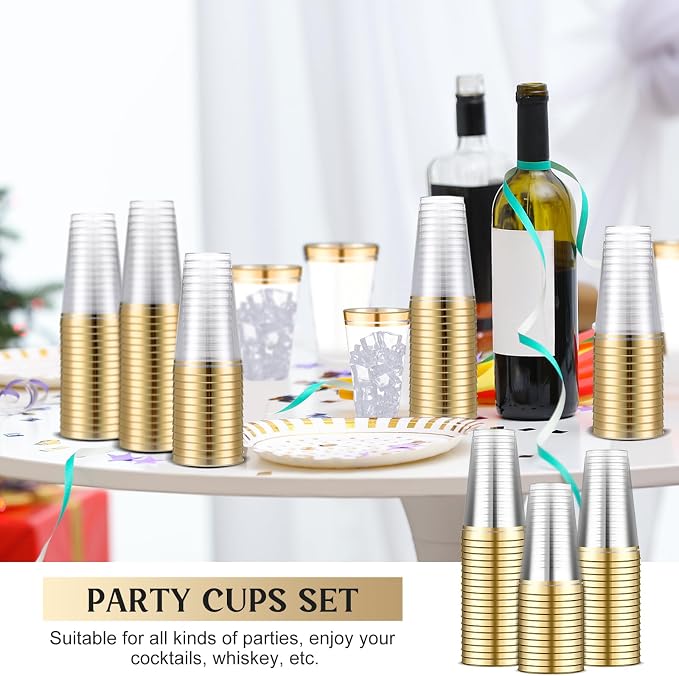 Sliner 50 Pcs Hard Plastic Cups Double Rimmed Plastic Cups Heavy Duty Fancy Wine Glasses for Holiday Christmas New Year Winter Birthday Party Supplies(16 Oz,Gold)