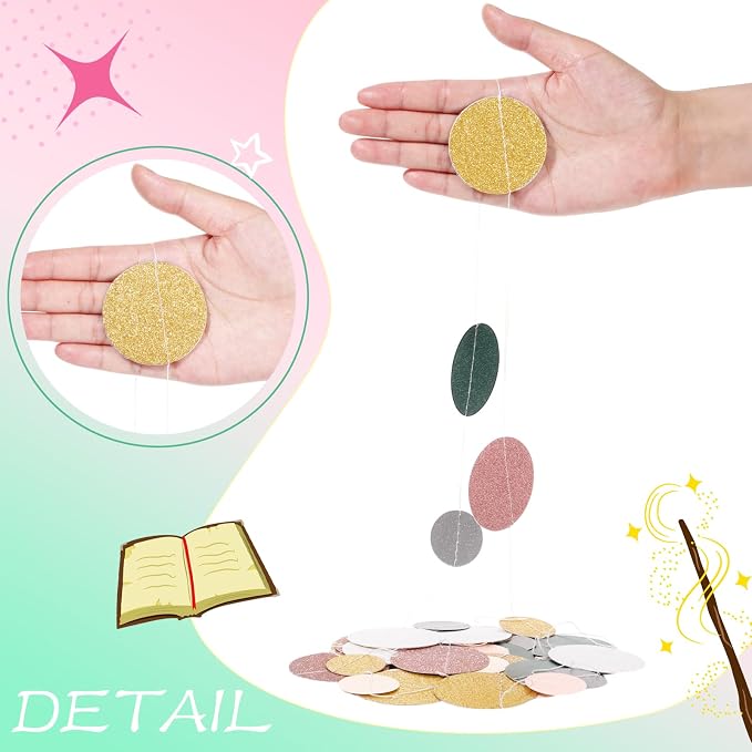 Outus 5 Pieces Colorful Circle Garland Banner Hanging Paper Dot Decorations for Classroom, Birthday Party, Baby Shower, Wedding Backdrop & Photo Booth Graduation Decor (Sage Green,Pink,Gold)