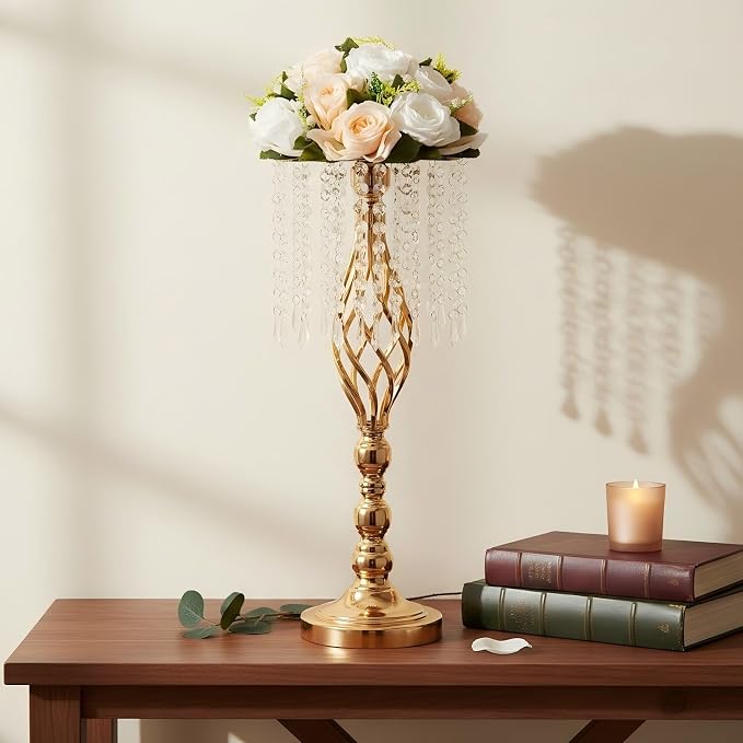 2pcs Gold Metal Flower Vases Crystal Flower Stand Wedding Centerpieces for Tables Party Dinner Event Restaurant Hotel Decoration