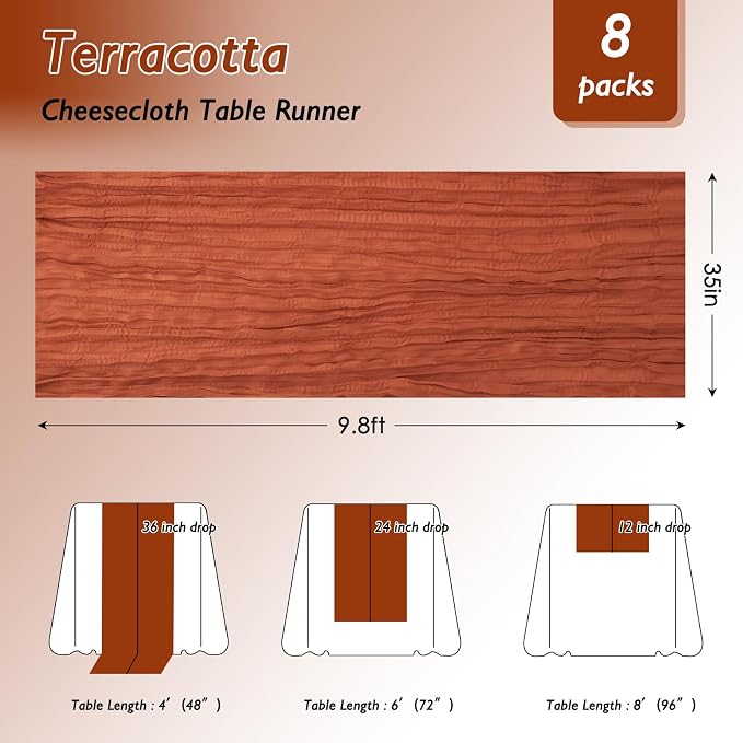 3 Pack Terracotta Cheesecloth Table Runner 120 Inch 10FT Red Cheese Cloth Fabric Burnt Orange Runners for Football Theme, Banquet, Barro Themed Party Retro Decoration, Fall Wedding Decor