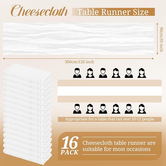 16 Pack Cheesecloth Table Runner, 10Ft Boho Gauze Table Runner 35×120 Inch Rustic Romantic Long Table Runner for Wedding Party Bridal Shower Thanksgiving Christmas Decoration(White)