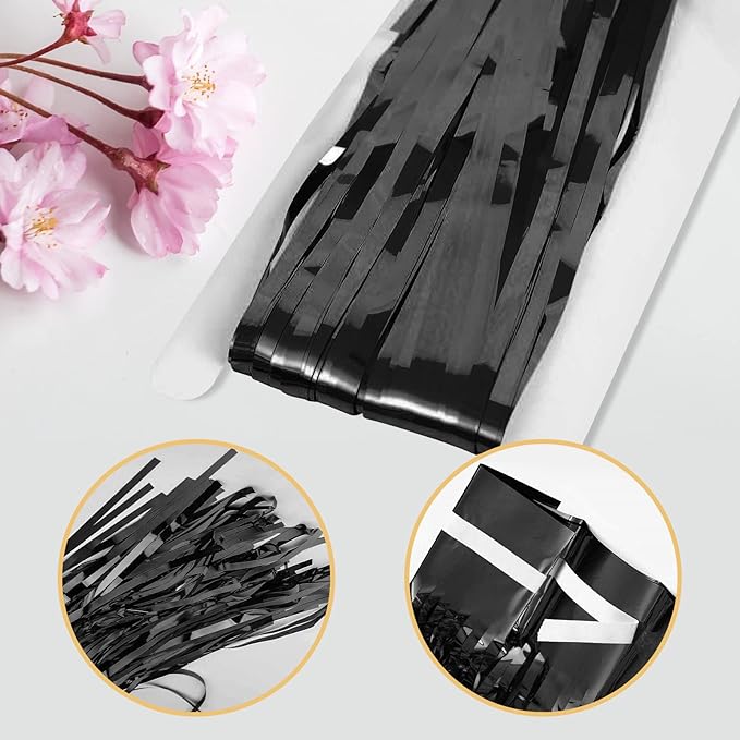 100 Pack Black Foil Fringe Backdrop Curtains 3.2ft x 8.2ft Black Tinsel Foil Fringe Curtains for Birthday Party Decorations Photo Booth Backdrop for Halloween Christmas New Year Holiday Decorations