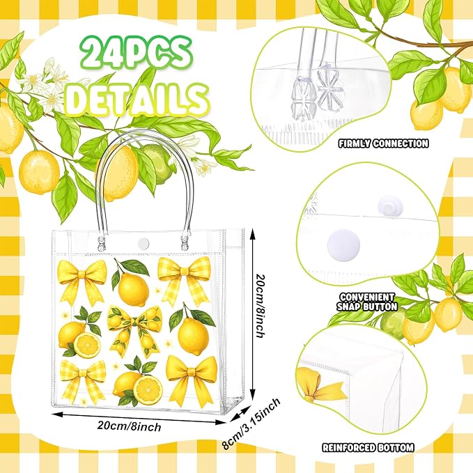 Teenyyou 24 Pcs Lemon Clear Gift Bags with Handles Yellow Bow Lemon Print Transparent Tote Bags Reusable PVC Candy Treat Gift Container for Bridal Shower, Baby Shower, Wedding, Birthday Party Favors