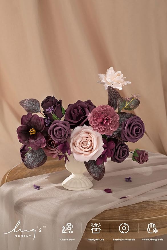 Ling's moment Fake Flowers Box, Faux Artificial Greenery Stems Foam Roses Tulip Silk Hydrangea Eucalyptus Fabic Flower for Centerpieces Bouquet Wedding Vase Decorations, Plum & Plum Lily, Mini Combo