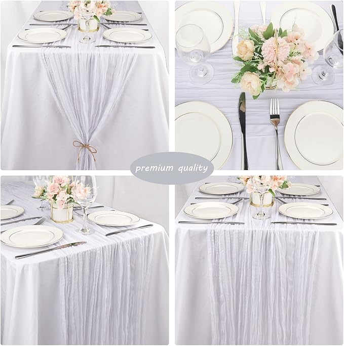12 Pack 10Ft Cheesecloth Table Runner 35x120 Inch Boho Gauze Table Runner Rustic Cheese Cloth Long Romantic Table Runners for Wedding Bridal Shower Birthday Party Table Decor (White)