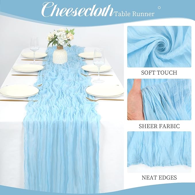 12 Pack 10Ft Baby Blue Cheesecloth Table Runner 35 x 120 inch Boho Gauze Cheese Cloth Table Runner Vintage Rustic Sheer Runners for Wedding Bridal Shower Birthday Party Cake Table Decorations