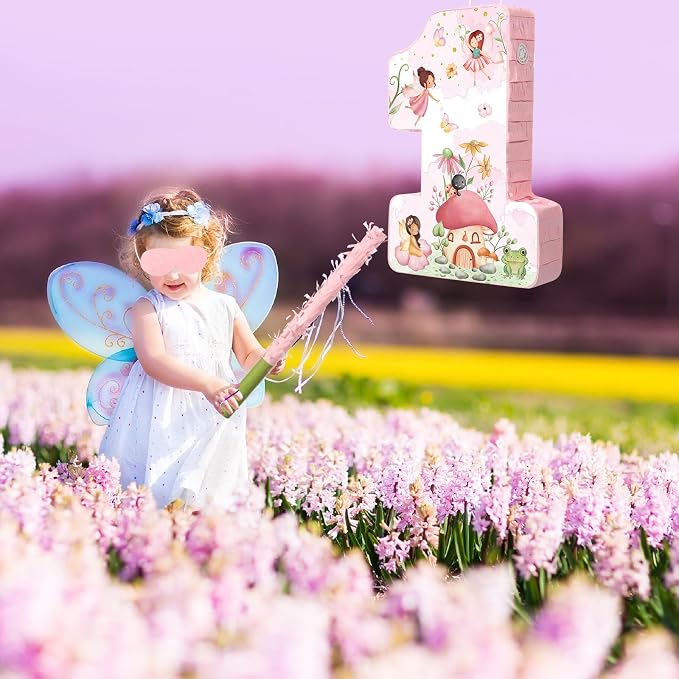 Blosssound Fairy Piñata Fairy 1st Birthday Decorations Supplies Flower Number One Princess Piñata Set with Stick Blindfold for Wonderland Garden Theme Baby Shower Celebration Decor(Birthday)