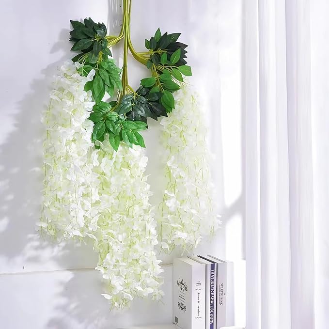 48Pcs Artificial Wisteria Hanging Flowers, 3.6Ft/Pcs White Fake Wisteria Garland for Wedding Party Home Garden Indoor Outdoor Decoration