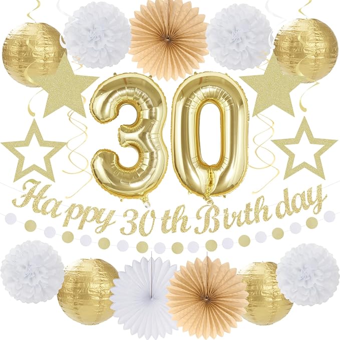 White Gold Women 30th Happy Birthday Party Decorations Hugmoon | 21pcs Kit 30th Balloon,Cute Girl Banner,Streamers,Tissue Paper Pom Poms Flowers Fans,Birthday Garlands Decor Backdrop