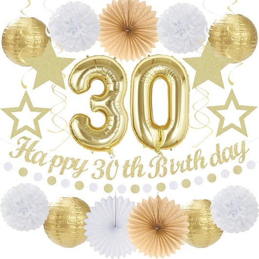 White Gold Women 30th Happy Birthday Party Decorations Hugmoon | 21pcs Kit 30th Balloon,Cute Girl Banner,Streamers,Tissue Paper Pom Poms Flowers Fans,Birthday Garlands Decor Backdrop