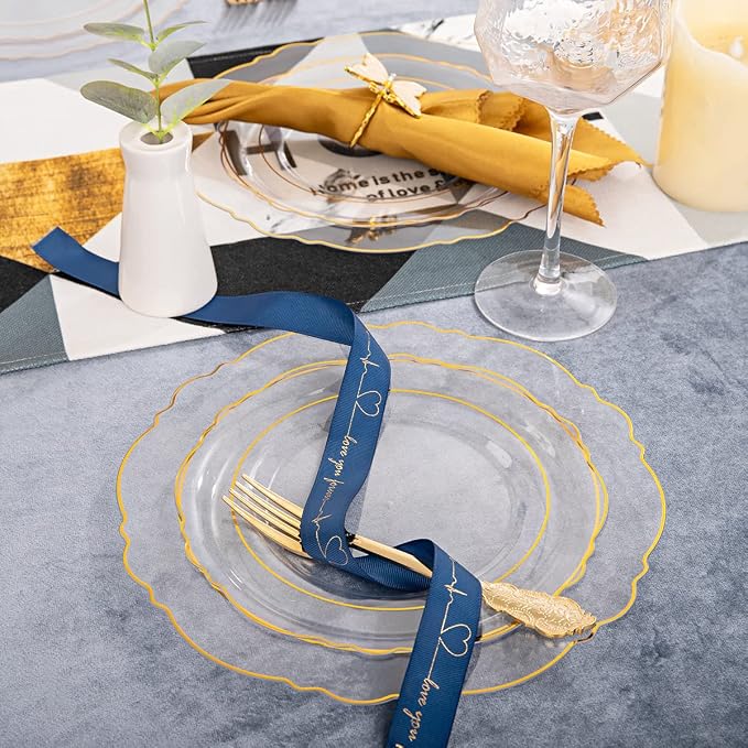 YOUBET 125PCS Gold Plastic Plates - Clear Gold Disposable Plates - 25 Guests Baroque Plastic Dinnerware Includes 25Dinner Plates, 25Dessert Plate, 75Silverware for Party & Wedding