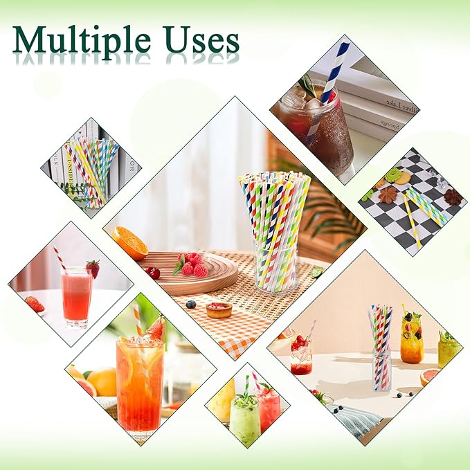 100 Pcs Biodegradable Paper Straws, Assorted Rainbow Colors Striped, 10 Colors for Drinks, Parties, Crafts